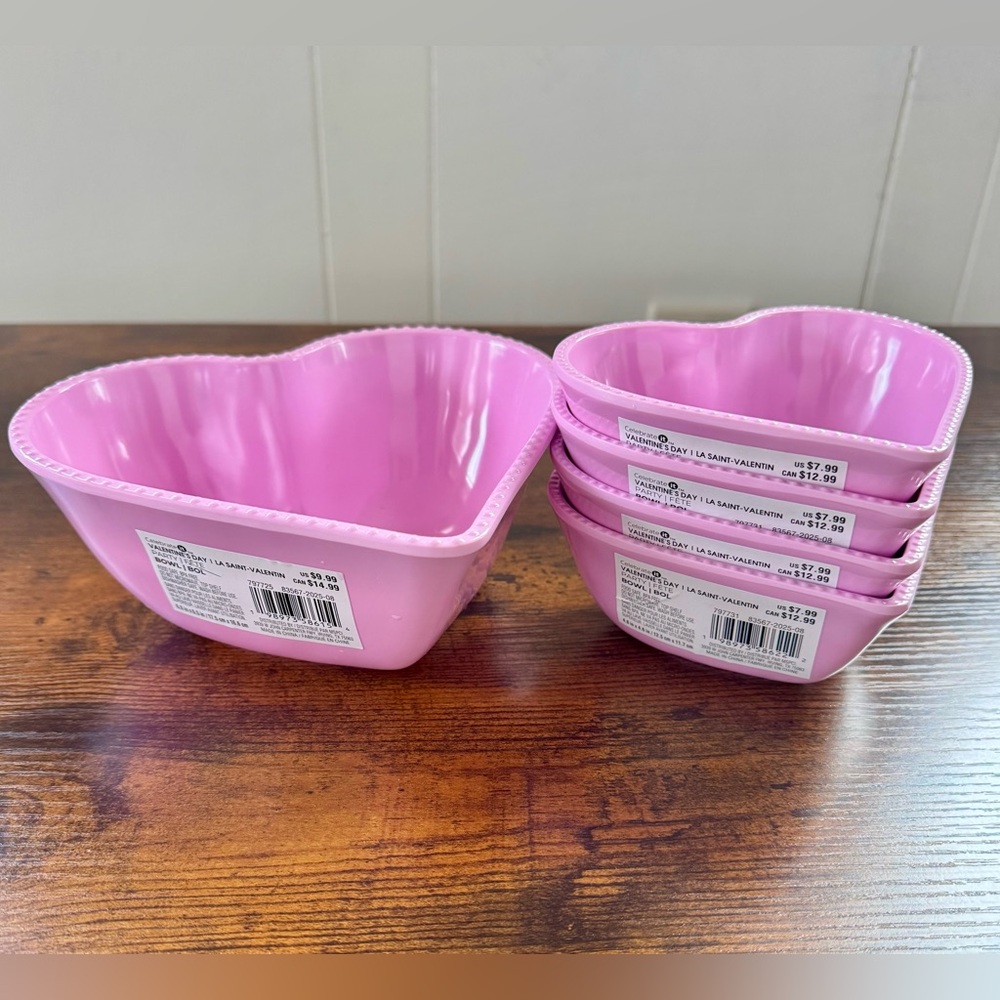 Five 5-Piece Pink Heart Shaped Melamine Bowl Set